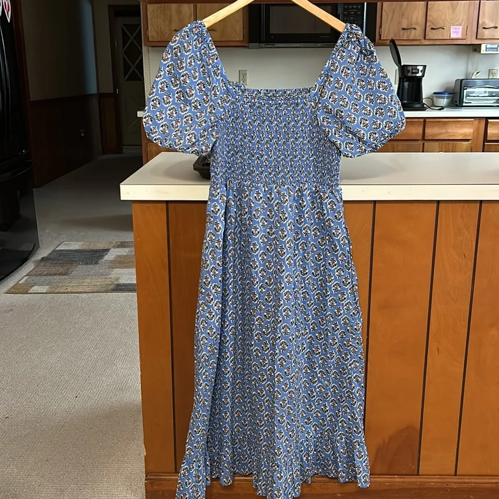 J. Crew 100% Cotton Blue Floral Smocked Bodice Midi Dress Cottagecore Puff